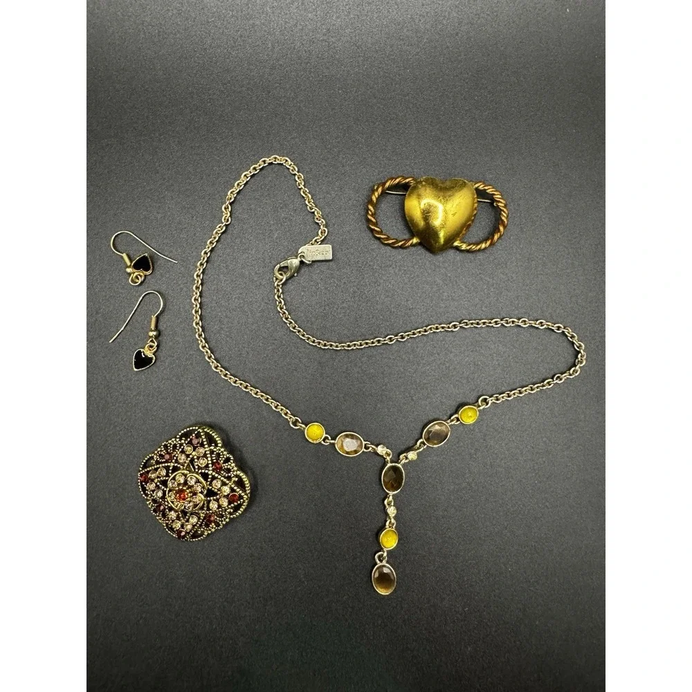 Lot Of Vintage Gold Tone Jewelry - 2 Brooches Earrings Liz & Co Necklace